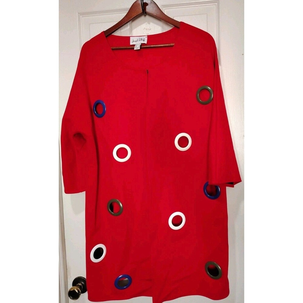 Joseph Ribkoff Long Red Jacket With Circles Grommets Size 14 Wearable Art Canada